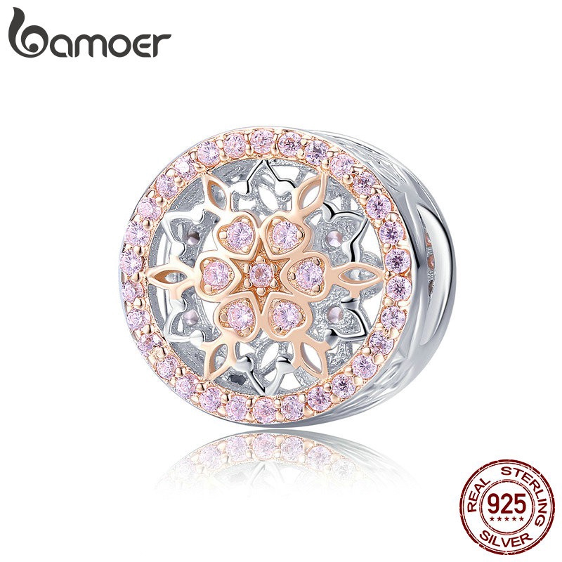 Hạt charm Bamoer trang trí dây chuyền mạ vàng hồng điêu khắc hoa đính đá zircon