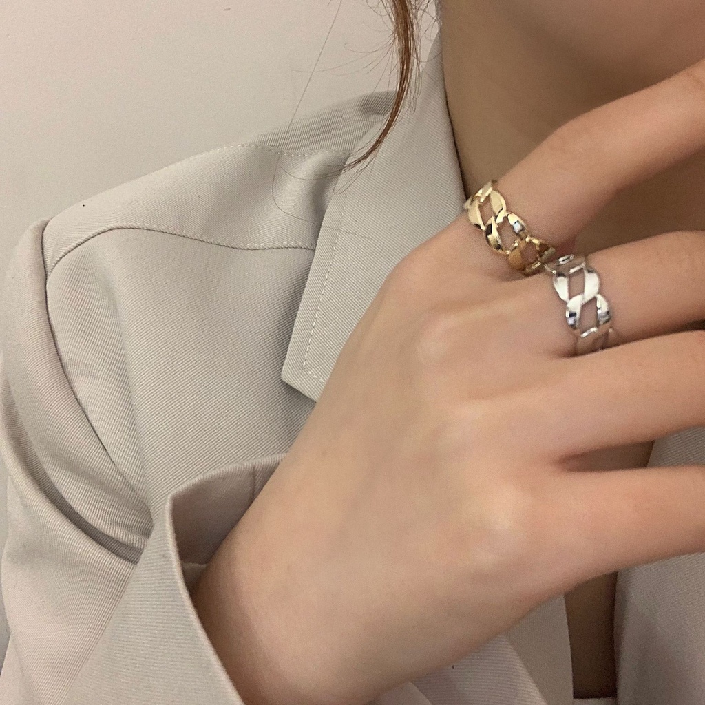 Nhẫn hở phối dây xích kim loại phong cách retro Hàn Quốc mới 2021