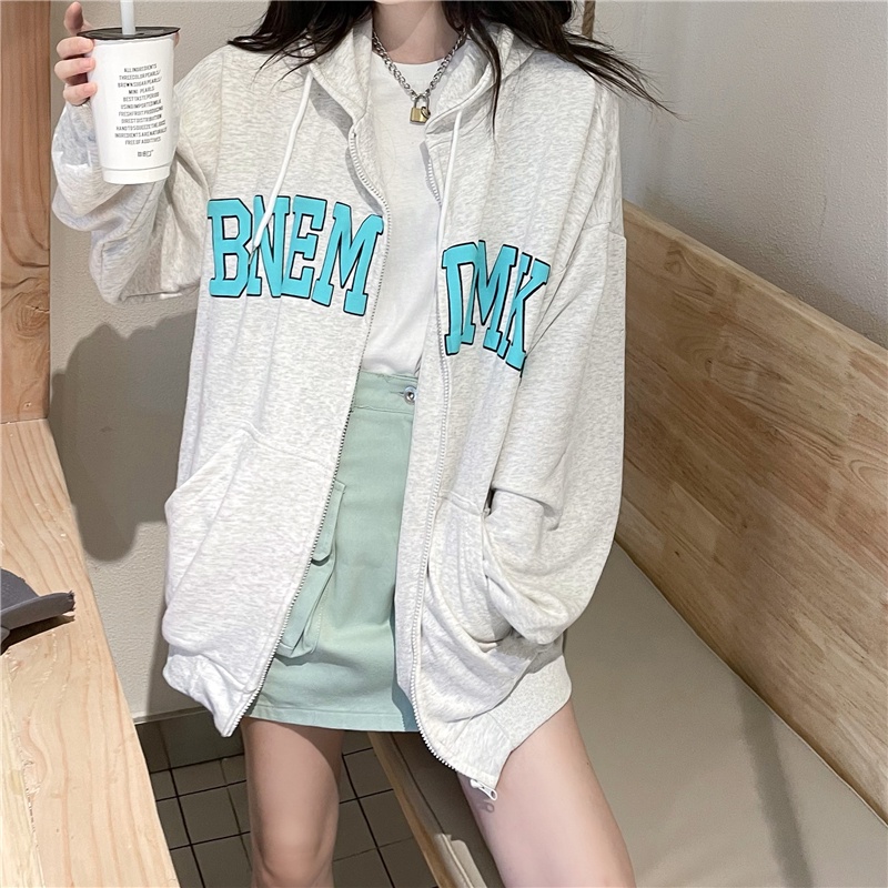 SUXI Áo Khoác Nữ Tay Dài Có Nón In Chữ Thời Trang