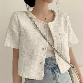 Sẵn/order Áo Dạ croptop Tweed xuân thu đính khuy ngọc sang chảnh cổ tròn áo khoác nhẹ vải tuýt sang chảnh