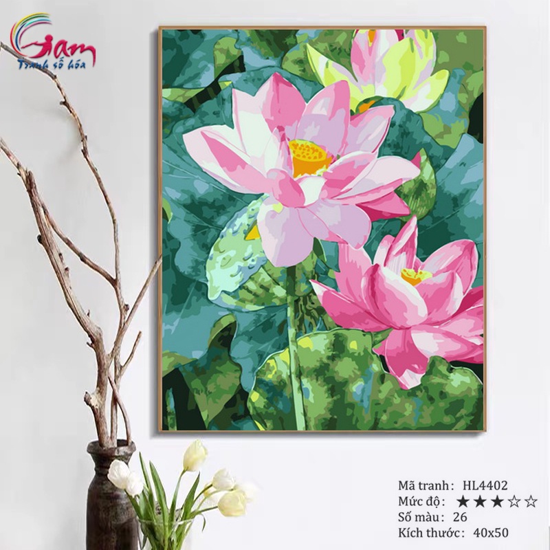 Tranh số hoá Gam hoa sen căng khung 40x50cm HL4402