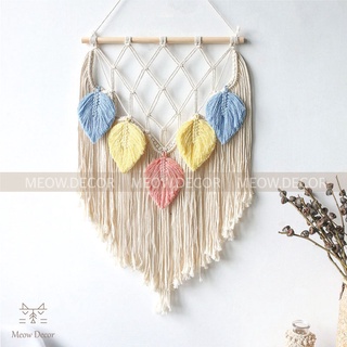 Mành macrame lá phối 3 màu treo tường trang trí phòng ngủ, homestay, quán cafe