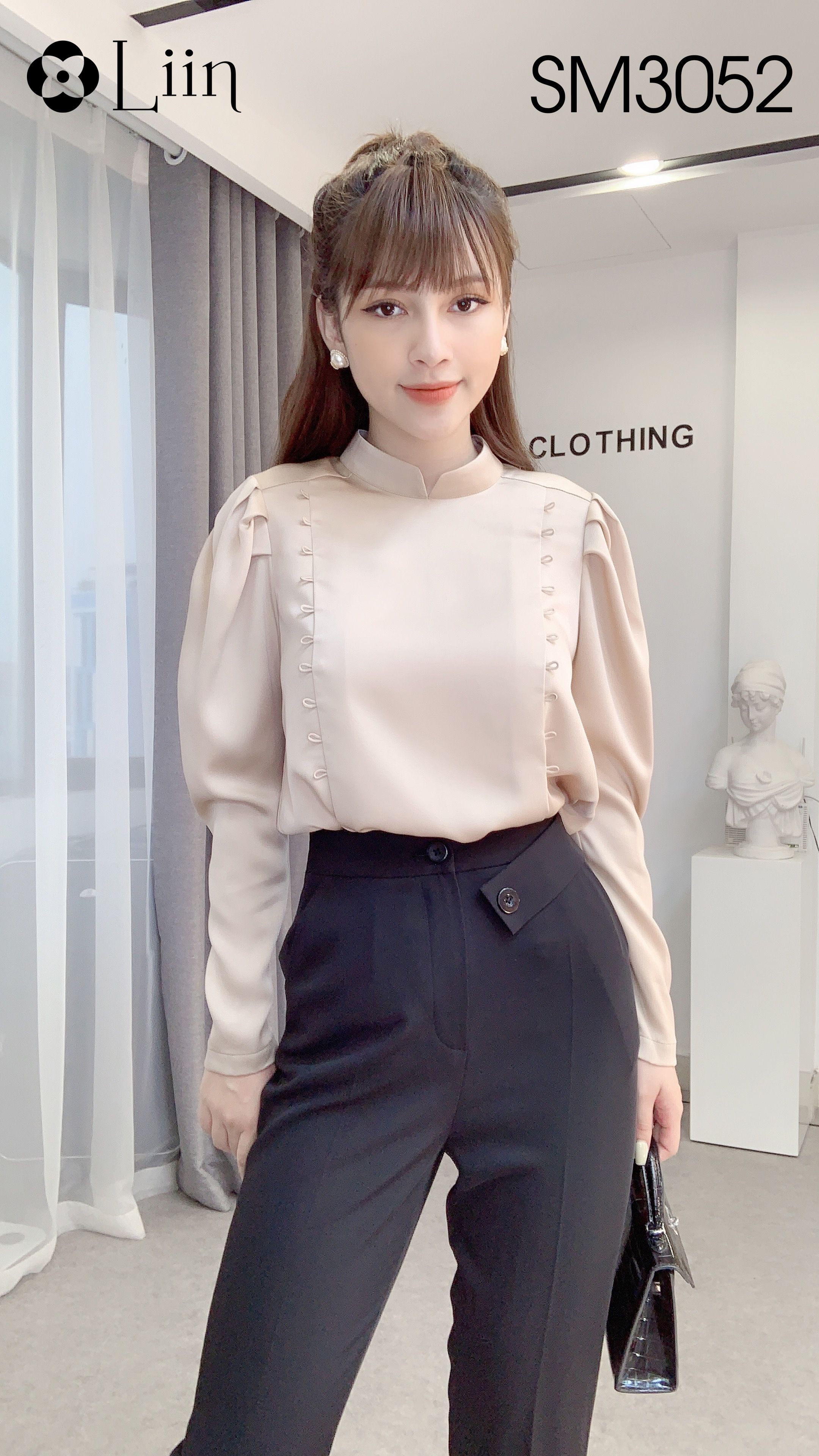Áo kiểu nữ dài tay đính 2 Hàng Cúc cách điệu cổ tròn Liin Clothing SM3052