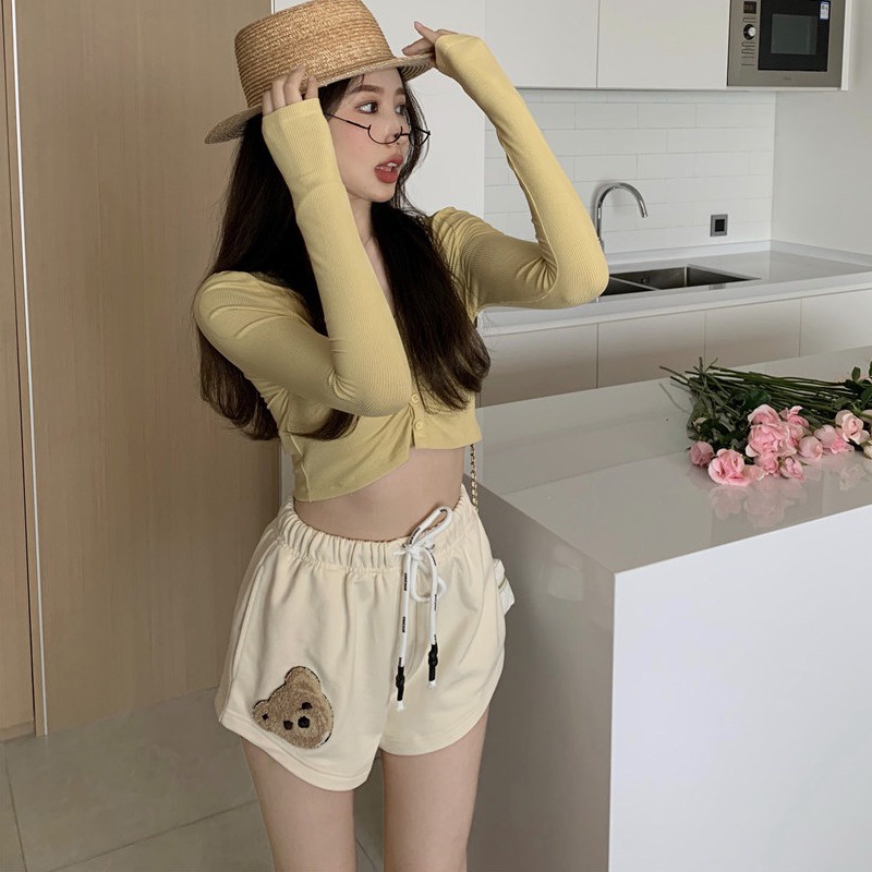 Quần Short Thể Thao Lưng Cao Dây Rút In Họa Tiết Gấu Hoạt Hình Dễ Thương Phong Cách Hàn Quốc Cho Nữ