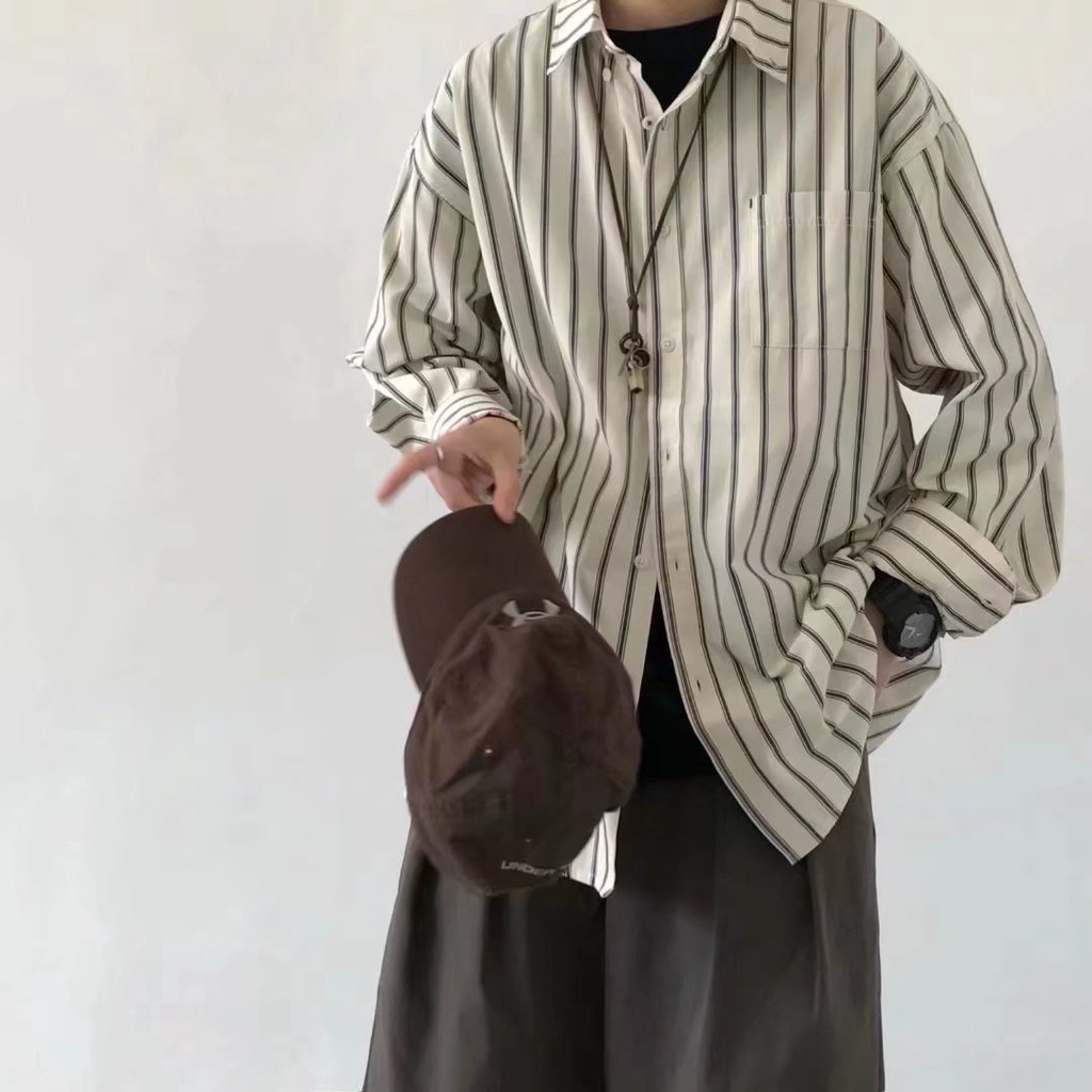 Áo Sơ Mi Tay Dài Dáng Rộng Họa Tiết Kẻ Sọc Phong Cách Hàn Quốc Thời Trang Cao Cấp Cho Nam