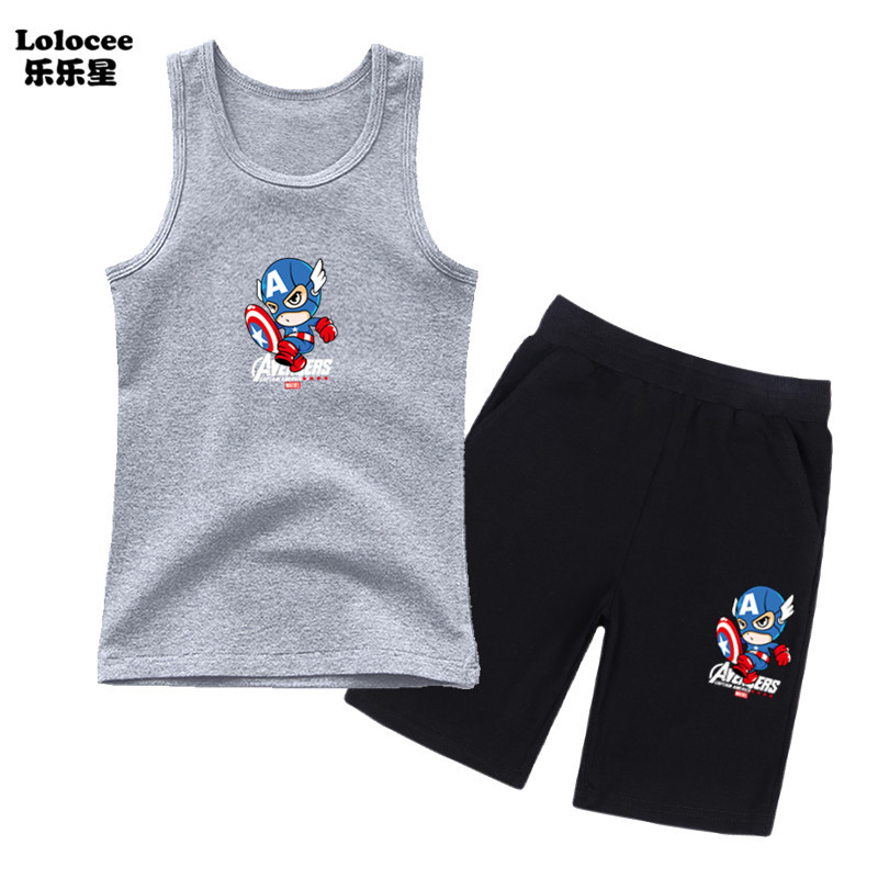 Trang phục xe tăng mùa hè dành cho bé trai Bộ đồ 2 mảnh dễ thương Captain America Bông không tay Xe tăng và quần đùi