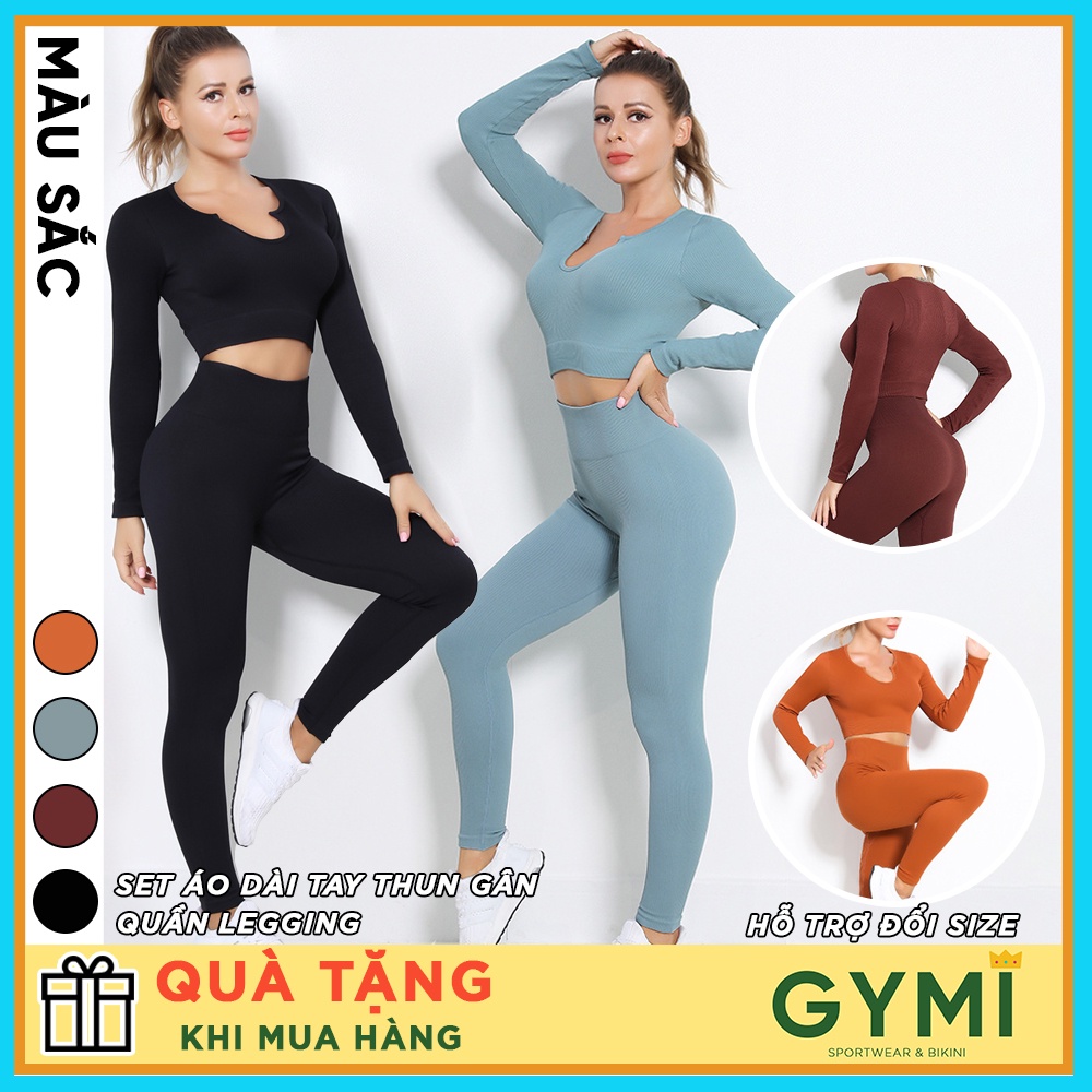 Set bộ đồ tập gym yoga nữ GYMI SET23 gồm áo croptop dài tay và quần legging thể thao chất dệt thun gân