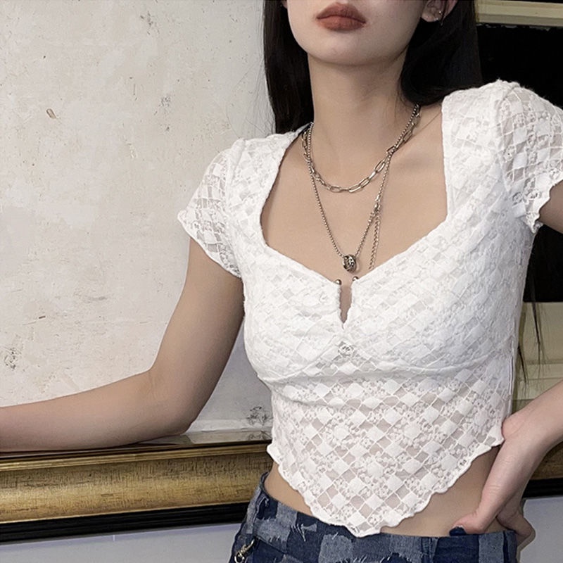 G&G Women's T-shirt Hot Girl Blouse Hollow Square Neck Lace Short Sleeves
