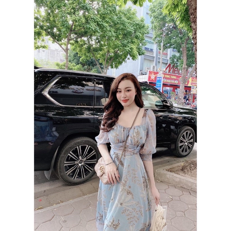 Đầm hoa xanh tay bồng