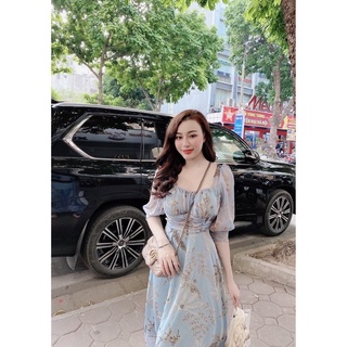 Đầm hoa xanh tay bồng