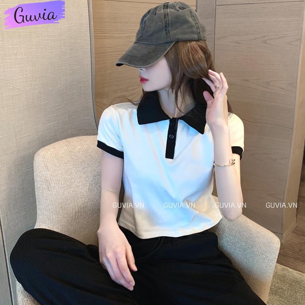 Áo Croptop CỔ POLO PHỐI Màu Đen Trắng Nữ, Áo Cổ Bẻ Tay Ngắn Đẹp GUVIA