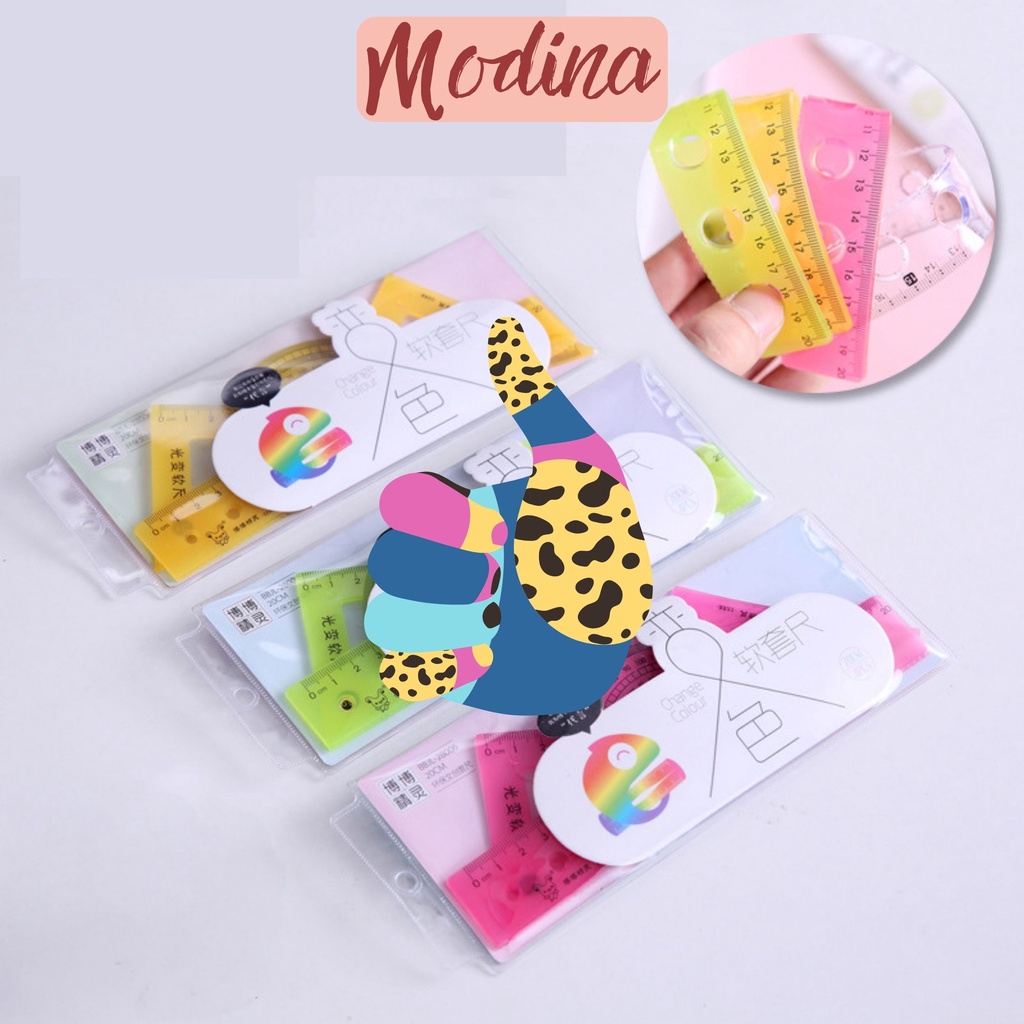 Bộ thước kẻ nhiều món MODINA, Thước eke các loại kèm túi đựng cute
