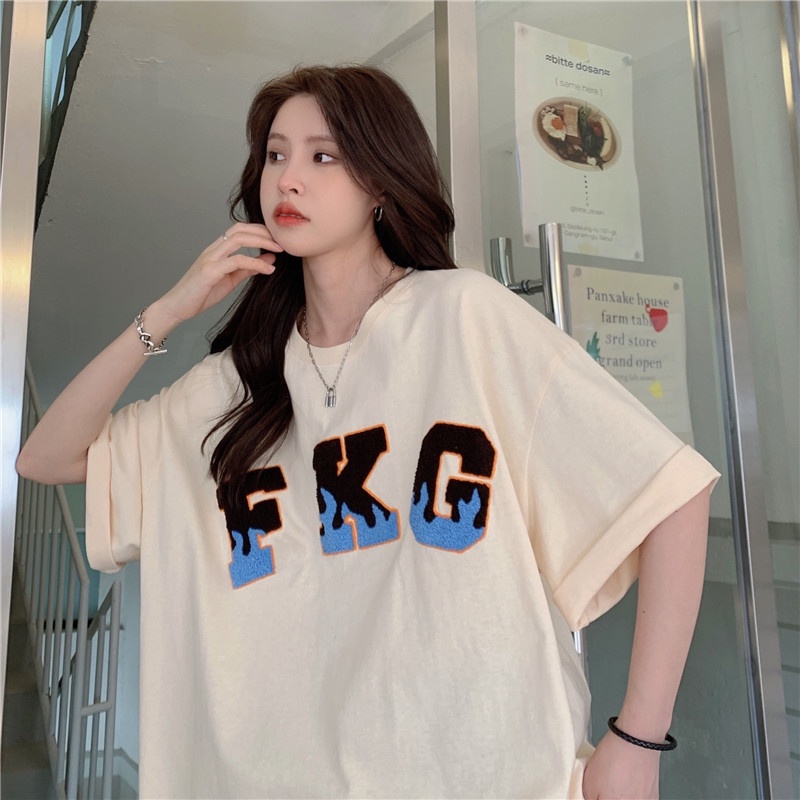 Áo Thun Tay Ngắn Dáng Rộng Thêu Chữ Thời Trang Đường Phố Cho Nữ