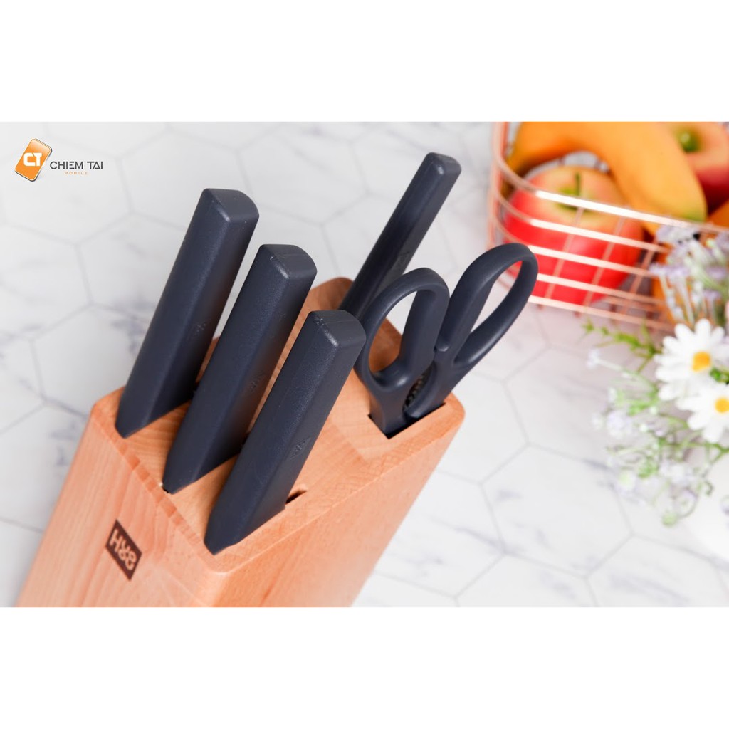 Bộ 6 món dao kéo bằng thép không gỉ kèm chân đế Huohou