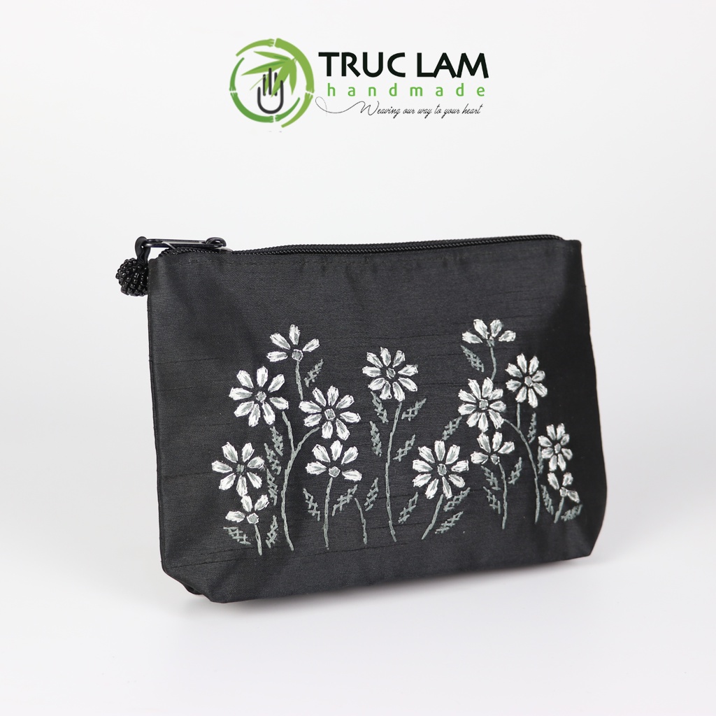 Ví Cầm Tay Túi Đựng Vải Tafta Họa Tiết Hoa Cỏ Kim Tuyến Thêu Tay - Trúc Lâm Handmade