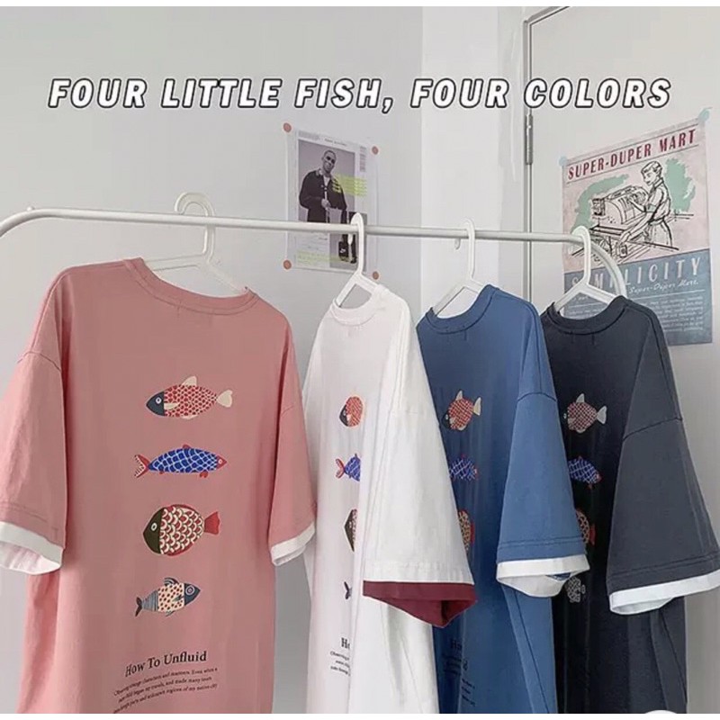 Áo thun tay lỡ form rộng phối tay in hoạ tiết chú cá - Unisex nam nữ đều mặc được