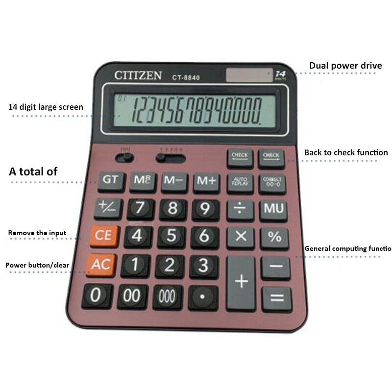 Electronic Desktop Calculator Ct-8840 with 14 Digit Large Display Solar Battery Multi-Function Office Calculator