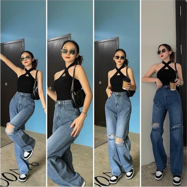 Quần jeans nữ, quần jeans nữ lưng cao ống rộng rách gối cao cấp size S M L SKUQ-22A