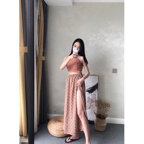 Set Bikini, đồ bơi đi biển 3 mảnh áo + quần + chân váy phong cách vintage màu nâu đất siêu xinh