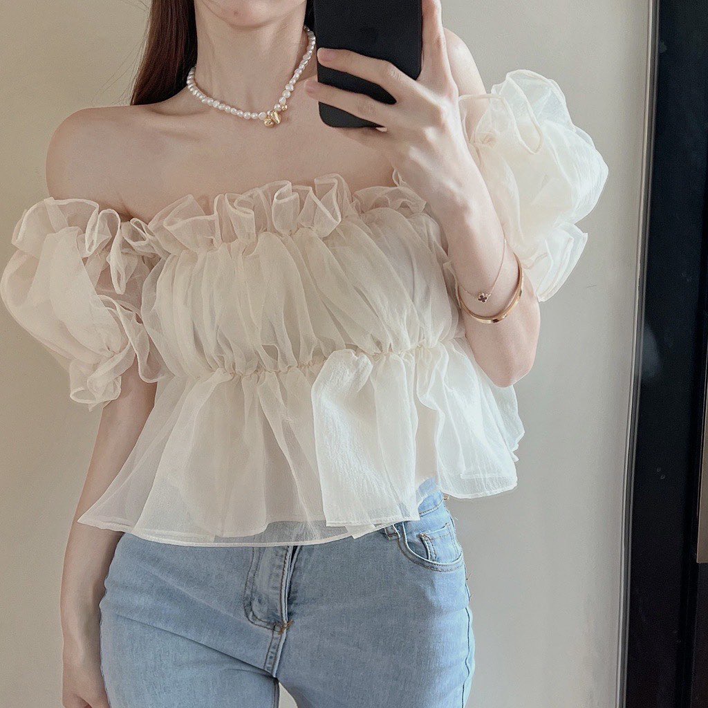 Áo Trễ Vai Xếp Ly Tay Phồng 2 Lớp Xinh xắn dễ thương như công chúa ÁO TRỄ VAI TAY BỒNG TIỂU THƯ