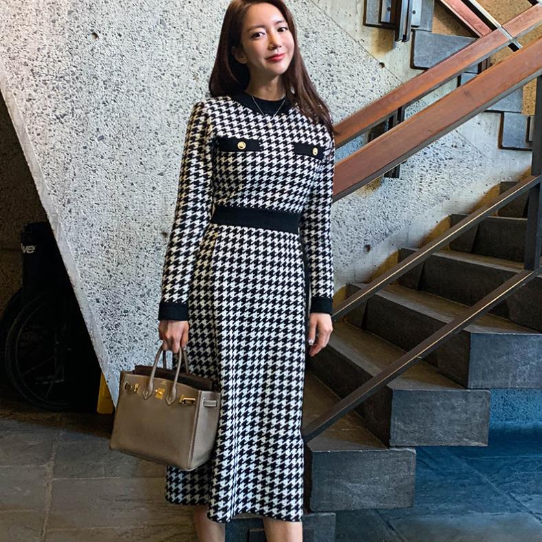 Đầm Len Tay Dài Họa Tiết Houndstooth Phong Cách Hàn Quốc Thời Trang Cho Nữ