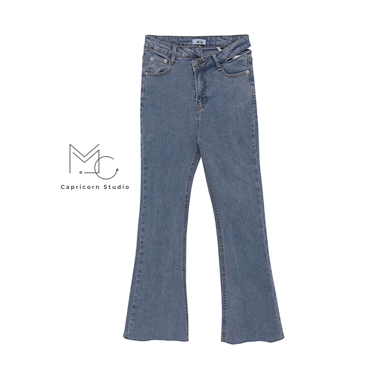 Quần Jeans màu xanh đậm cạp cao ống loe cách điệu phần cạp phong cách Ulzzang [MinC.Studio - MCQ010]