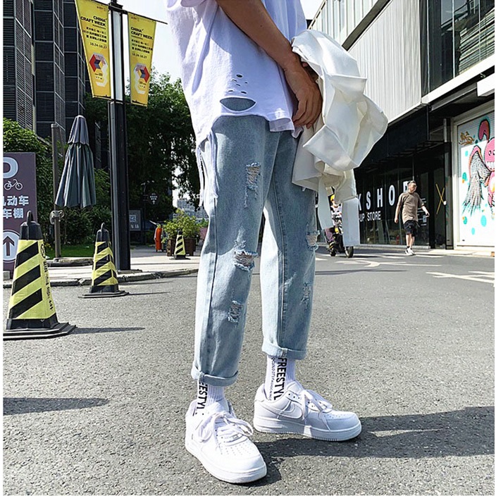Quần jean baggy nam nữ rách gối VNXK màu xanh sáng 2021 049 Pon.mens | BigBuy360 - bigbuy360.vn