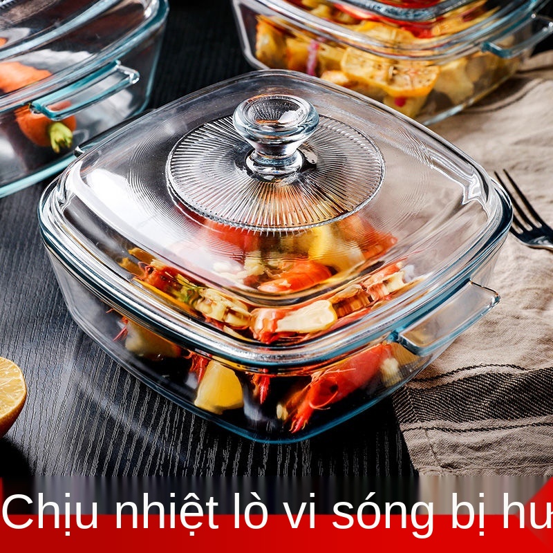 VBộ đồ ăn bằng thủy tinh chịu nhiệt có nắp Khay nướng dài nồi hâm nóng bếp lò vi sóng trong suốt không chì