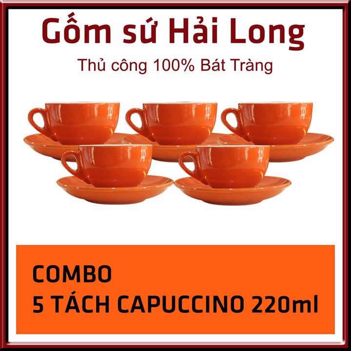 COMBO 5 Cốc tách ly sứ cao cấp uống cà phê Capuccino - 220ml - Hải Long Bát Tráng - Đa dạng màu sắc