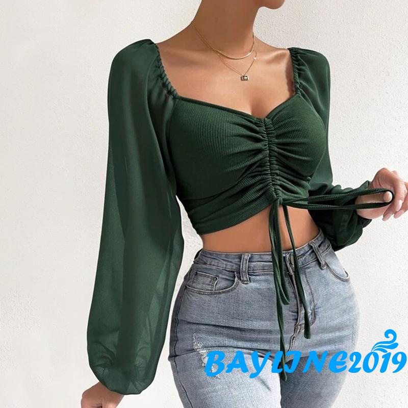 Áo Dệt Kim Tay Phồng Dài Cổ Chữ V Màu Sắc Đơn Giản Cho Nữ