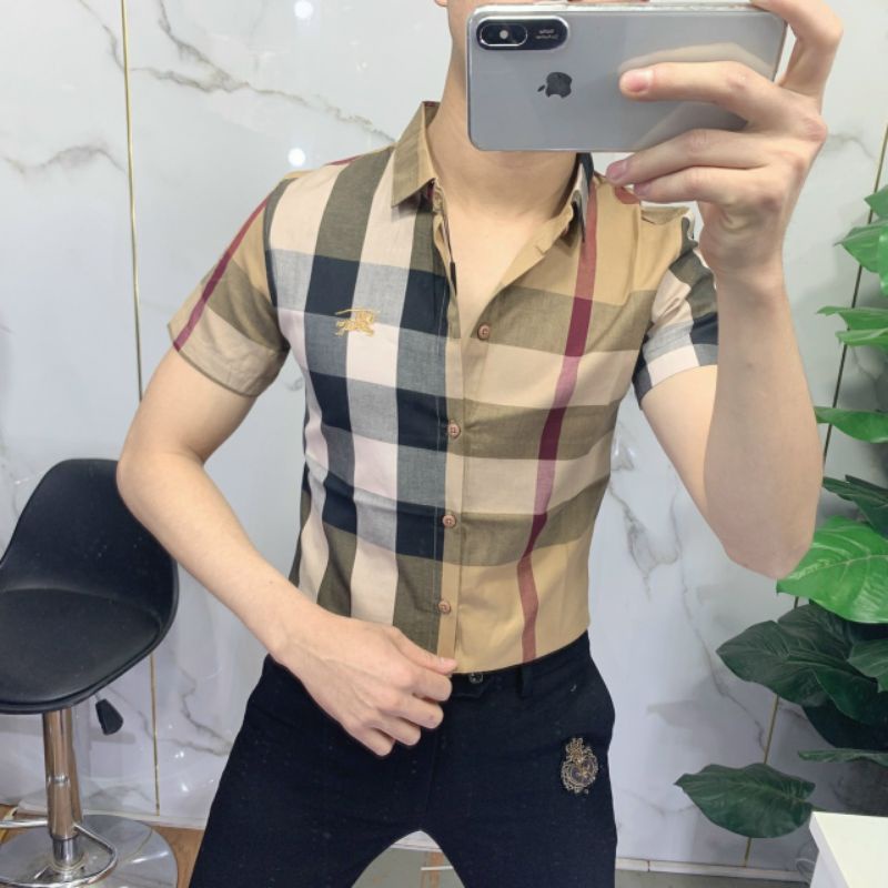 Áo sơ mi nam bbr ngắn tay phối màu trắng đen kẻ sọc caro | BigBuy360 - bigbuy360.vn
