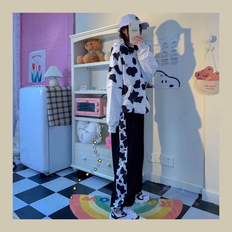Long pant line bò sữa / Quần bò sữa ống suông dây rút