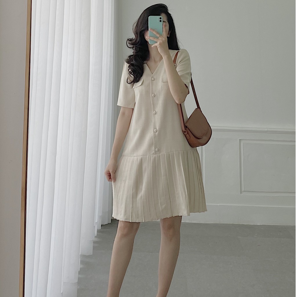 Đầm cổ tim dáng suông xếp li túi giả, đi chơi, công sở LXK00010 | BigBuy360 - bigbuy360.vn