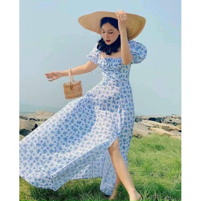 Đầm hoa retro midi nhíu ngực xẻ đùi