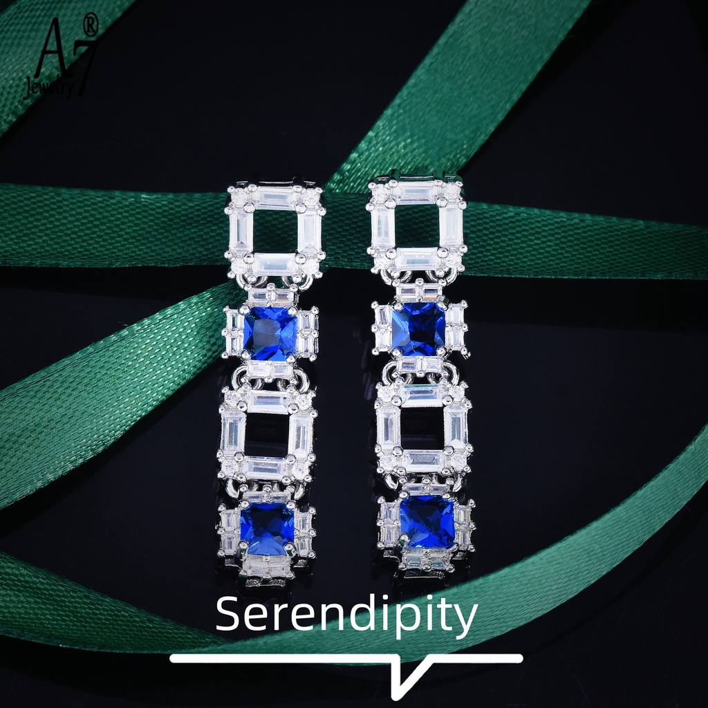 A7| Bông Tai Mạ Bạc 925 Dáng Dài Họa Tiết Hình Học Màu Xanh Dương / Trắng Thời Trang Sang Trọng X4Y59