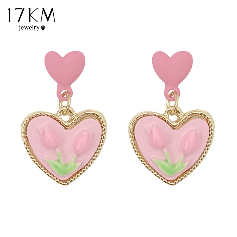 Bông tai khắc hình hoa tulip màu hồng 17KM kiểu dáng trái tim thời trang nữ