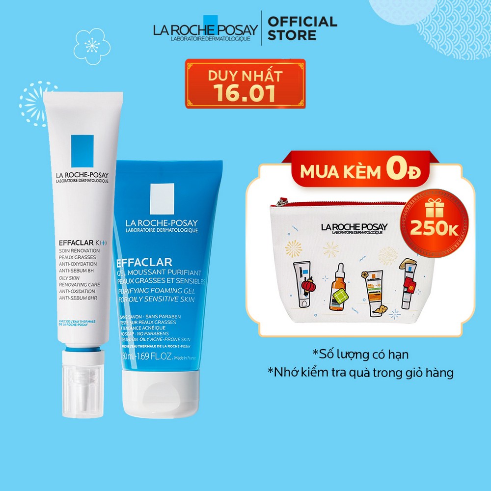 Bộ đôi kem dưỡng giảm mụn đầu đen La Roche-Posay Effaclar K+ 40ml và Gel rửa mặt cho da mụn 50ml