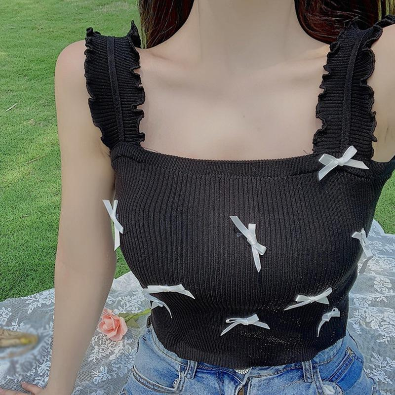 Áo Croptop Dệt Kim Hai Dây Đính Nơ Phong Cách Retro Hàn Quốc Dễ Thương