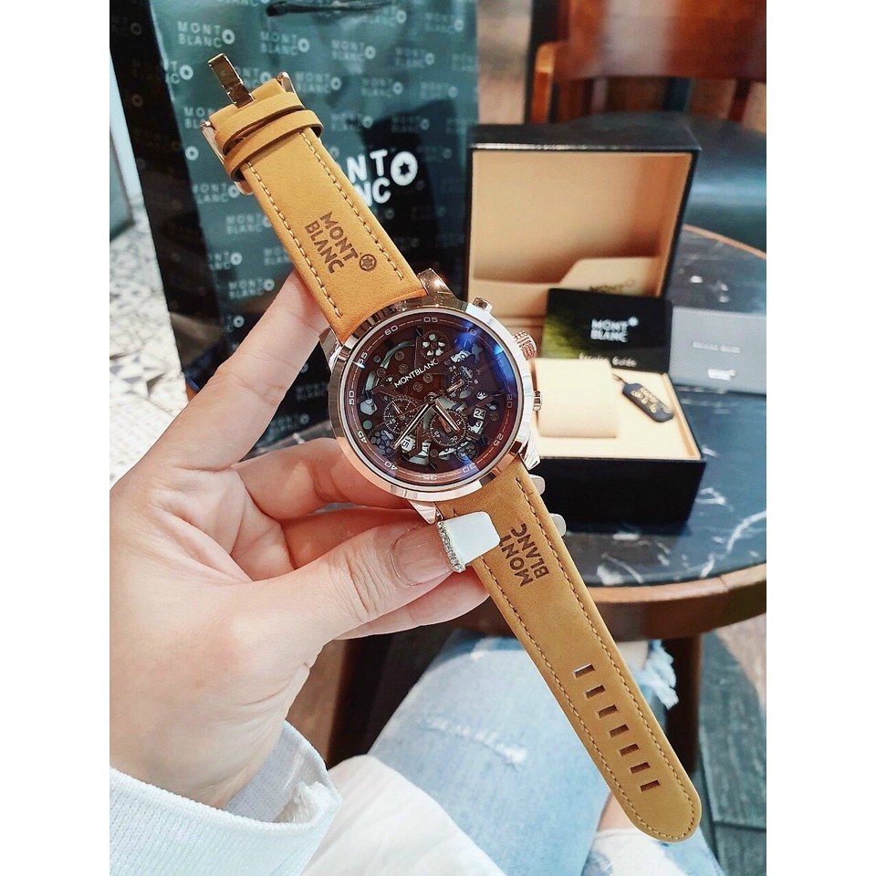 ĐỒNG HỒ NAM MONTBLANC G1189 CHRONOGRAPH MẶT LỘ MÁY , DÂY DA , SIZE 44MM