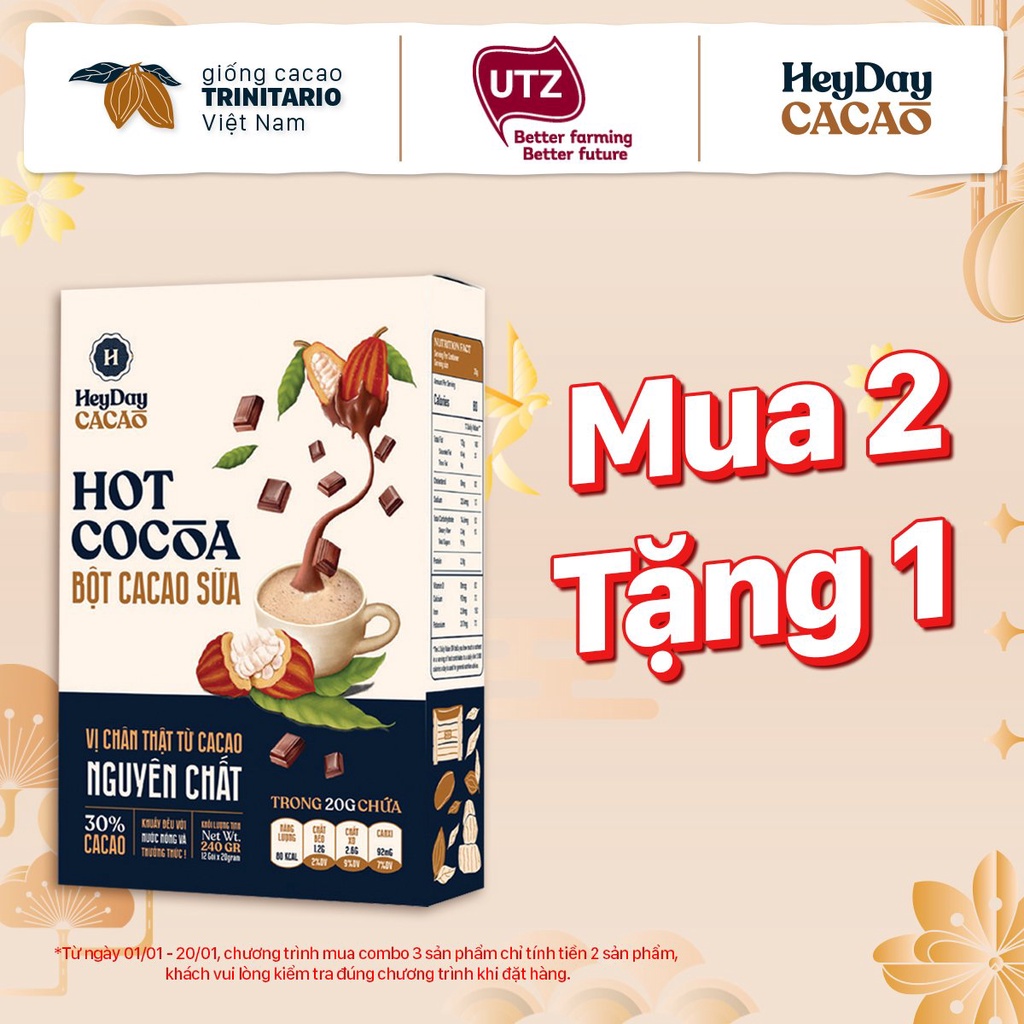 Bột Cacao Sữa Heyday - Đậm Vị Chân Thật Từ Cacao Nguyên Chất - Hộp Giấy 12 Gói x 20g