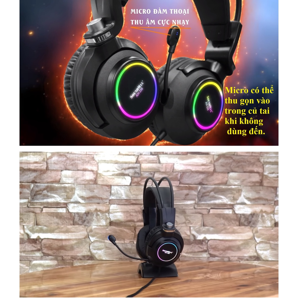 Tai nghe gaming chụp tai 2 chân cắm LED RGB hiện đại SOUNDMAX AH-336