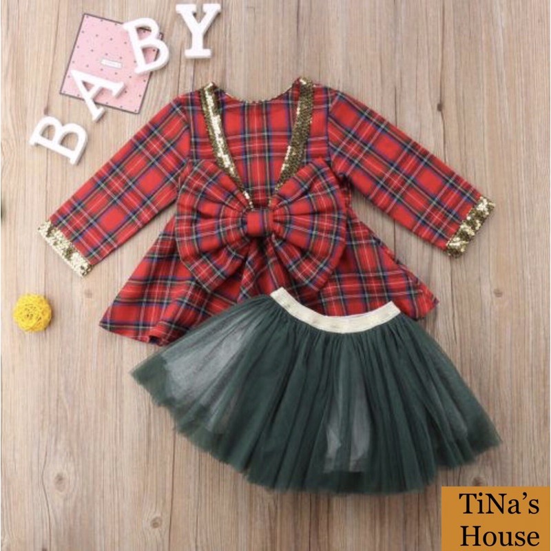 Set Đầm Công Chúa 02 Chi Tiết Áo Tay Dài Sọc Caro vs Chân Váy Xoè Đáng Yêu... Cho Bé Từ 01-06 Tuổi.