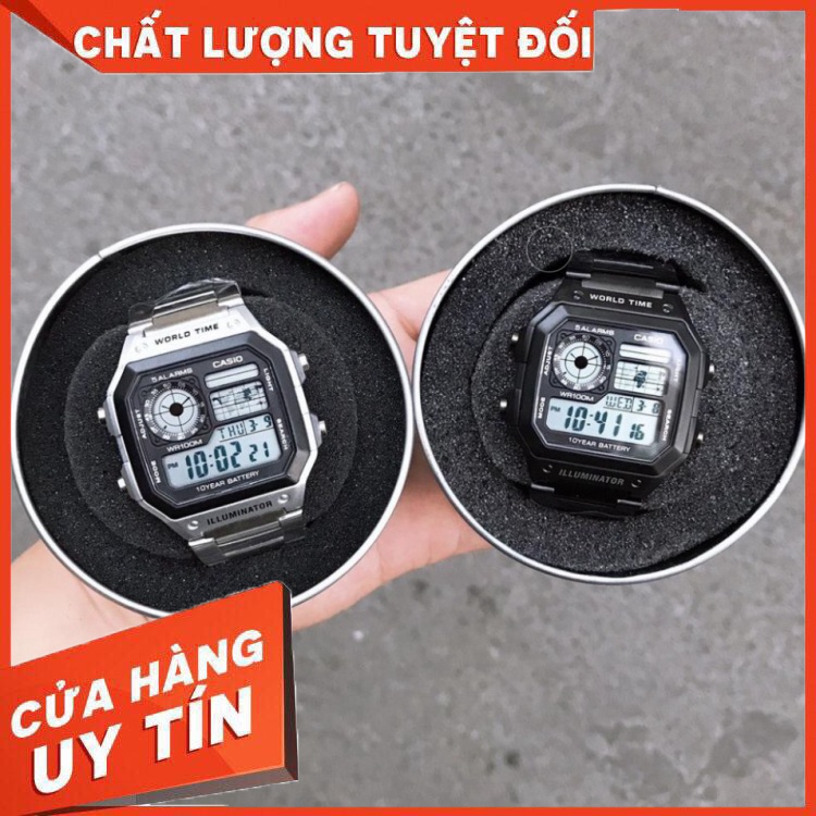 HÀNG CAO CẤP -  (Thẻ bảo hành 12 tháng) Đồng hồ nam Casio AE 1200-WHD classic chống nước , dây thép không gỉ-Đồng.hồ.cas