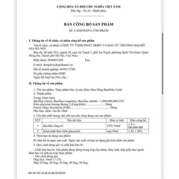 Men sống Bạch Mai Gold, Men vi sinh, Men tăng đề kháng với Kẽm gluconat, Bổ sung lợi khuẩn, Tăng đề kháng - Hộp 20 ống