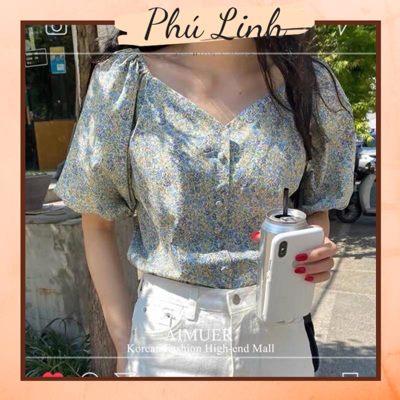 MS430 Áo kiểu nữ hoa nhí cổ tim tay bồng