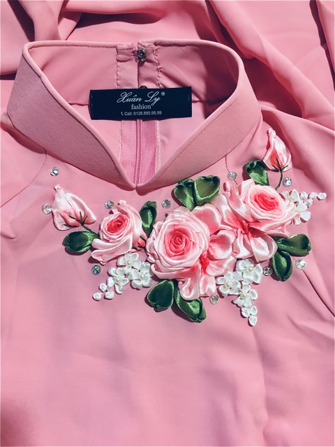 HOA THÊU RUY BĂNG ĐÍNH ÁO DÀI CAO CẤP