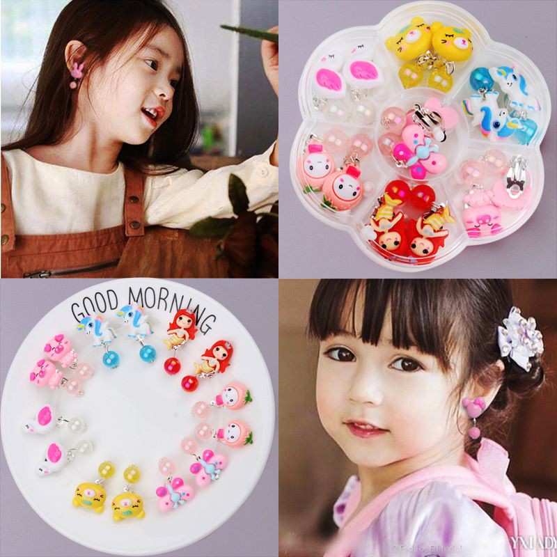 Set 7 đôi bông tai kẹp siêu xinh kèm hộp đựng cho bé