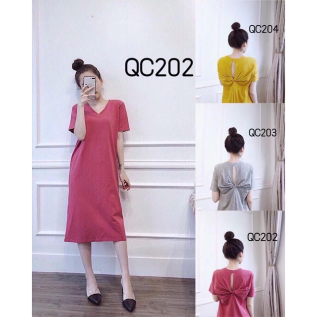 Váy suông nữ Bingshop - đầm suông trơn basic cổ tim xoắn lưng form rộng freeship