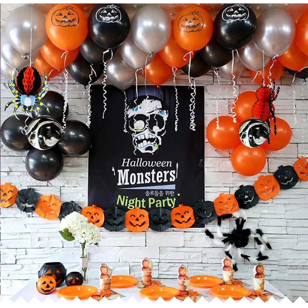 Bong bóng trang trí halloween màu cam họa tiết bộ xương độc đáo