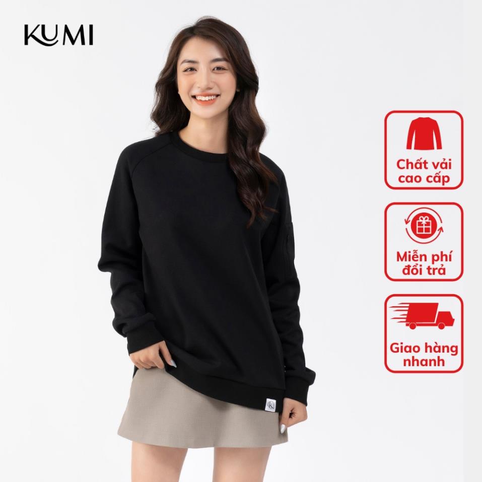 Áo Nỉ Nữ Dài Tay Có Túi Khóa Tay Chất Nỉ Bông Cao Cấp Kumi, Áo Nỉ Nữ Basic Thời Trang Trẻ Trung Năng Động - Đen